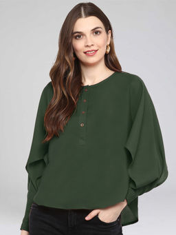 Uptownie - Green Solid Statement Sleeves Hi-Low Top