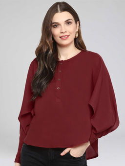 Uptownie - Maroon Solid Statement Sleeves Hi-Low Top