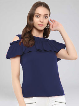 Uptownie - Navy Blue Crepe Solid Ruffled Cold Shoulder Top