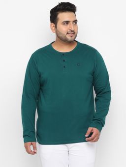 Urbano Plus - Men's Green Solid Henley Neck Regular Fit Full Sleeve Cotton T-Shirt