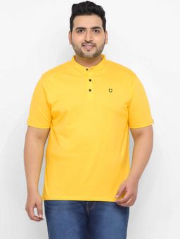Urbano Plus - Men's Mustard Solid Mandarin Collar Regular Fit Cotton T-Shirt