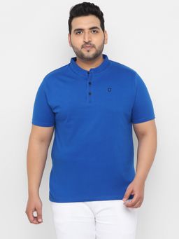 Urbano Plus - Men's Royal Blue Solid Mandarin Collar Regular Fit Cotton T-Shirt
