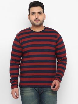 Urbano Plus - Men's Red Striped Regular Fit Full Sleeve Cotton T-Shirt