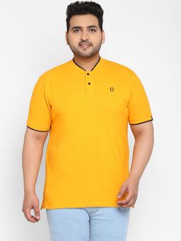 Urbano Plus - Men's Mustard Solid Mandarin Collar Regular Fit Cotton T-Shirt