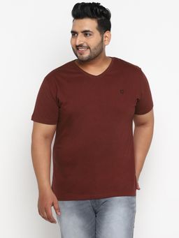 Urbano Plus - Men's Maroon Solid V-Neck Cotton Regular Fit T-Shirt