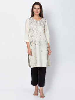 Biba - Off White Printed Straight Kurta