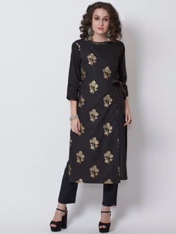 Biba - Black Floral Front Tie-Up Kurta