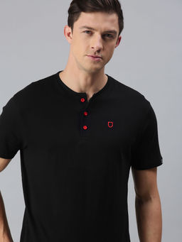 Urbano Fashion - Men's Black Solid Henley Neck Slim Fit Cotton T-Shirt