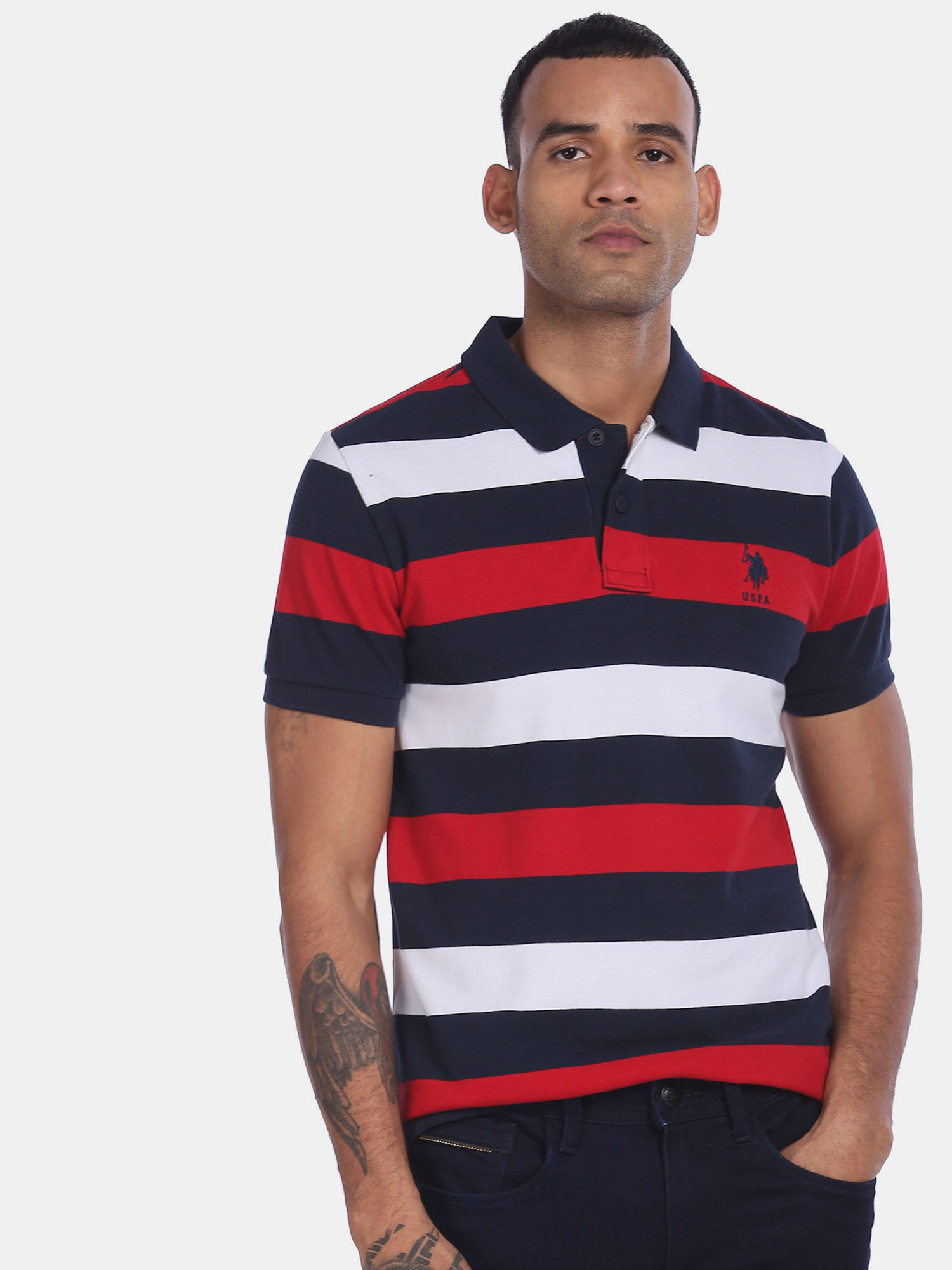 Navy Cotton Striped Polo T-Shirt 