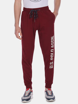 U.S. POLO ASSN. - Men Maroon Drawstring Waist Brand Print Joggers (S)