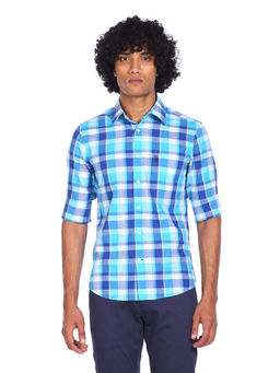 U.S. POLO ASSN. - Men Blue Spread Collar Checked Shirt