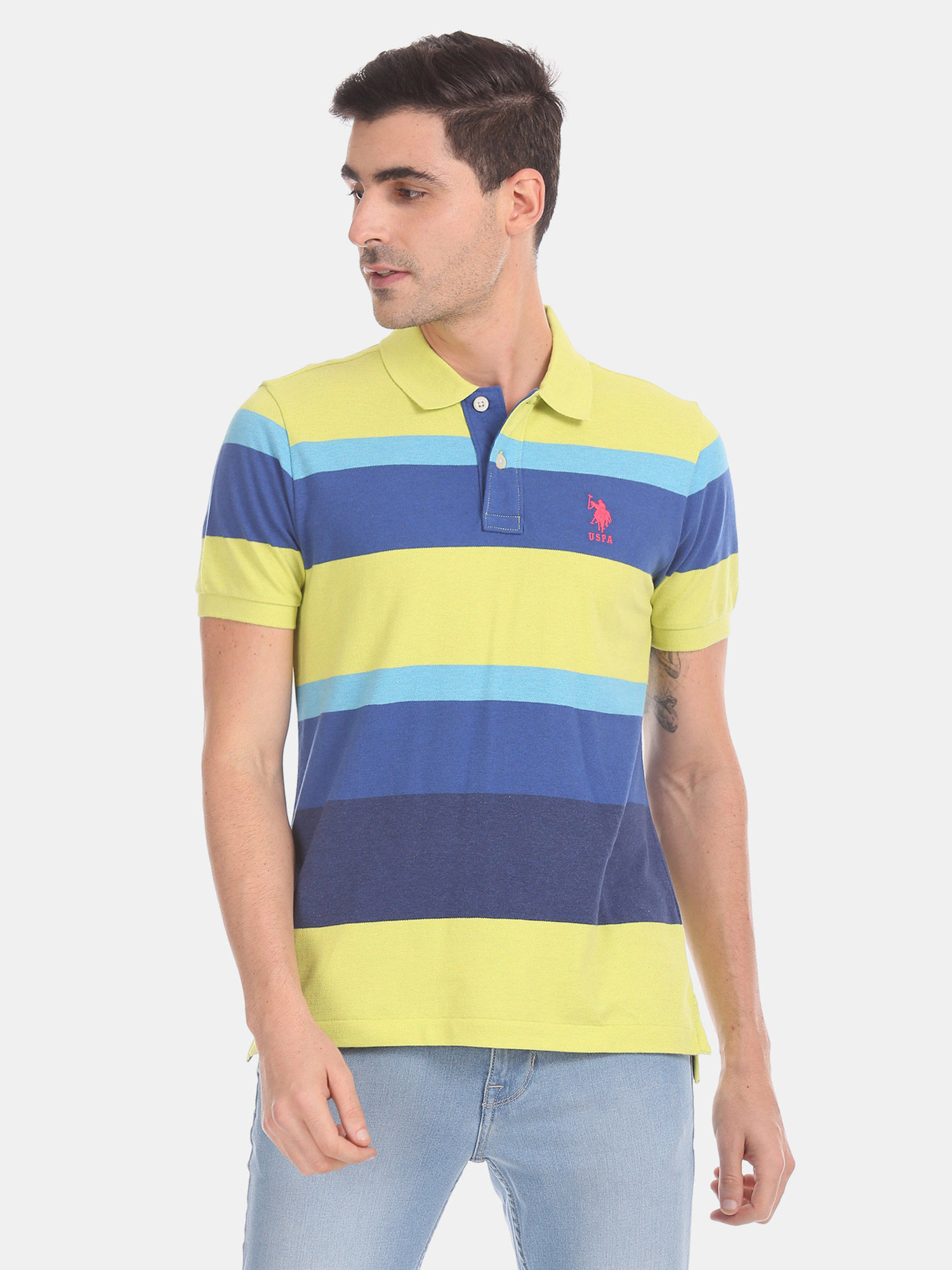 Short Sleeve Striped Pique Polo Shirt 