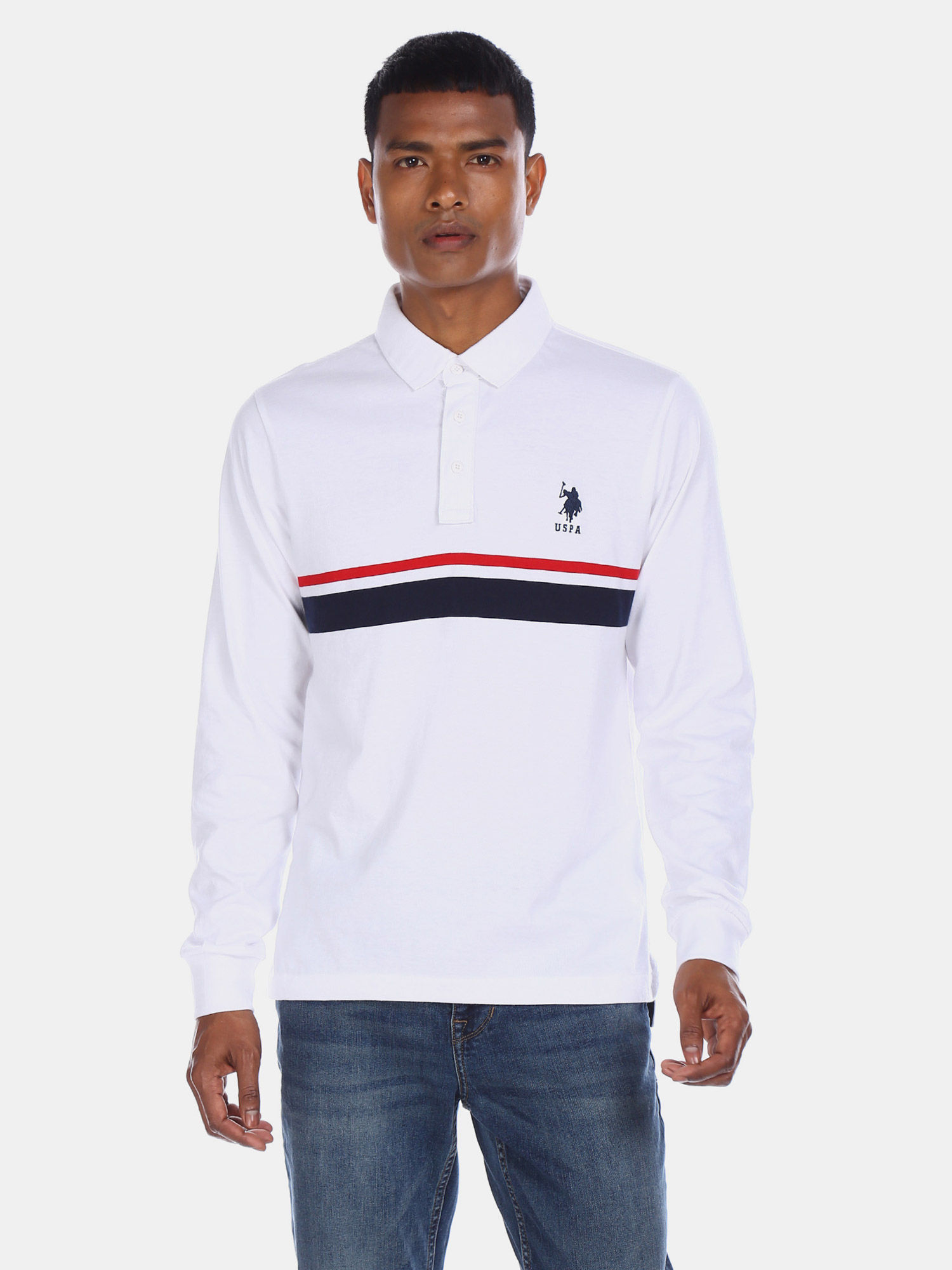 Long Sleeve Contrast Stripe Polo Shirt 