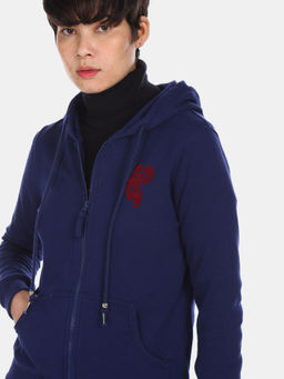 U.S. POLO ASSN. - Women Navy Zip-Up Cotton Solid Hood Sweatshirt
