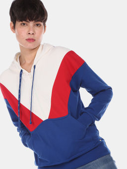 U.S. POLO ASSN. - Women Blue And Red Hooded Colour Block Sweatshirt