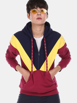 U.S. POLO ASSN. - Women Maroon And Yellow Hooded Colour Block Sweatshirt