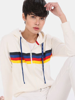 U.S. POLO ASSN. - Women Off-White Drawstring Hood Contrast Striped Sweatshirt