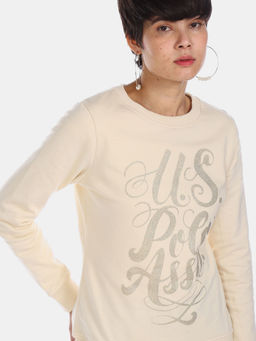 U.S. POLO ASSN. - Women Beige Crew Neck Cotton Brand Glitter Printed Sweatshirt