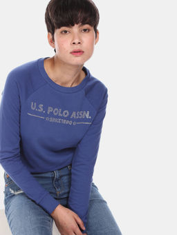 U.S. POLO ASSN. - Women Blue Hooded Embellished Sweatshirt