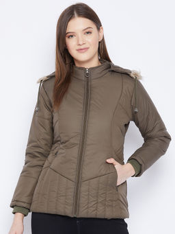 Vero Amore - Women's Olive Winter Wear Full Sleeve Solid Parka Jacket