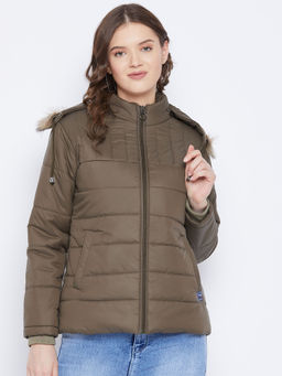 Vero Amore - Women's Olive Winter Wear Full Sleeve Solid Parka Jacket