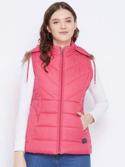 Vero Amore - Women's Pink Winter Wear Sleevless Solid Parka Jacket