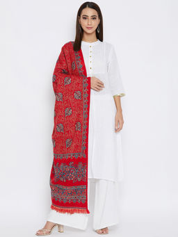 Vero Amore - Women's Red Woven Design Jacquard Shawl Has A Fringed Border