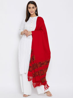 Vero Amore - Women's Red Kullu Design Jacquard Shawl Has A Fringed Border