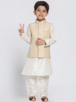 Vastramay - Boys Cream Silk Blend Jacket Kurta With Pyjama (Set of 3)
