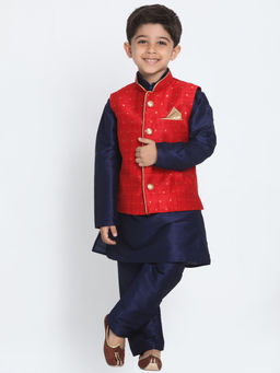 Vastramay - Boys Maroon And Navy Blue Silk Blend Jacket Kurta With Pyjama (Set of 3)
