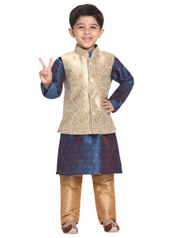 Vastramay - Boys Gold and Persian Blue Jacket, Kurta Set (Set of 3)