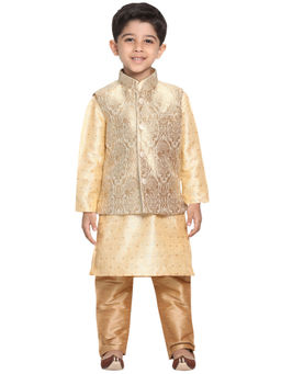 Vastramay - Boys Gold Jacket, Kurta Set (Set of 3)