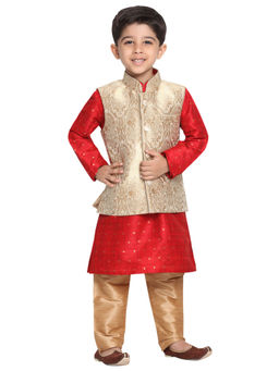 Vastramay - Boys Maroon and Gold Jacket, Kurta Set (Set of 3)