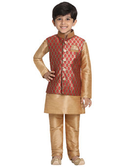 Vastramay - Boys Maroon and Rose Gold Jacket, Kurta Set (Set of 3)