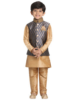 Vastramay - Boys Navy Blue and Rose Gold Jacket, Kurta Set (Set of 3)