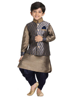 Vastramay - Boys Navy Blue and Gold Jacket, Kurta and Dhoti Set (Set of 3)
