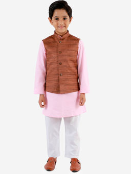 Vastramay - Boys' Coffee Brown, Pink & White Jacket, Kurta And Pyjama (Set of 3)