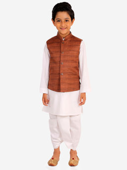 Vastramay - Boys' Coffee Brown & White Jacket, Kurta And Dhoti (Set of 3)