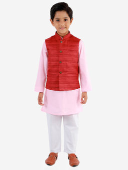 Vastramay - Boys' Maroon, Pink & White Jacket, Kurta And Pyjama (Set of 3)