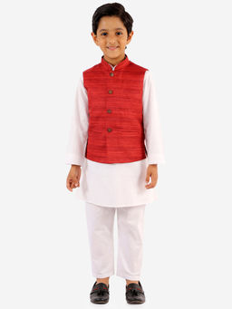 Vastramay - Boys' Maroon & White Jacket, Kurta And Pyjama (Set of 3)