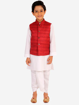 Vastramay - Boys' Maroon & White Jacket, Kurta And Dhoti (Set of 3)