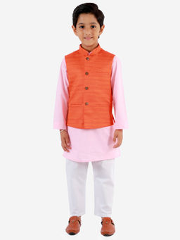 Vastramay - Boys' Orange, Pink & White Jacket, Kurta And Pyjama (Set of 3)