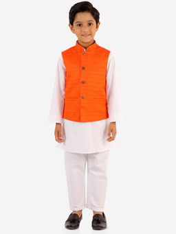 Vastramay - Boys' Orange & White Jacket, Kurta And Pyjama (Set of 3)