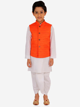 Vastramay - Boys' Orange & White Jacket, Kurta And Dhoti (Set of 3)