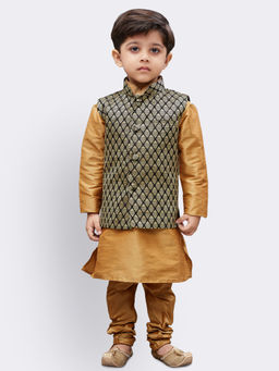 Vastramay - Boys Rose Gold Silk Blend Jacket Kurta With Pyjama (Set of 3)