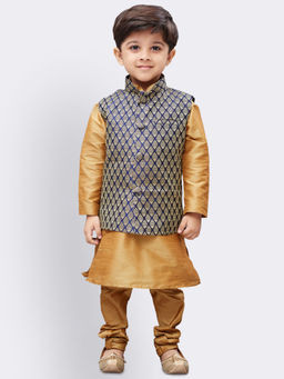 Vastramay - Boys Rose Gold Silk Blend Jacket Kurta With Pyjama (Set of 3)
