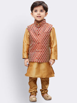 Vastramay - Boys Rose Gold Silk Blend Jacket Kurta With Pyjama (Set of 3)