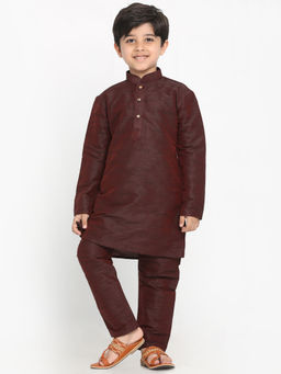 Vastramay - Boys Wine Cotton Silk Blend Kurta With Pyjama (Set of 2)