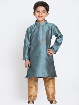 Vastramay - Boys Azure And Rose Gold Silk Blend Kurta With Pyjama (Set of 2)