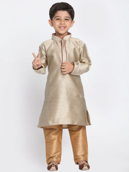 Vastramay - Boys Beige And Rose Gold Silk Blend Kurta With Pyjama (Set of 2)